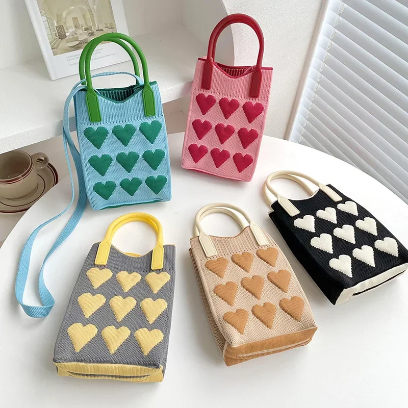

Bag Female Korean Version of All Small Design Sweet Love Knitted Mini Mobile Phone Bag Shoulder Handbag Handbag