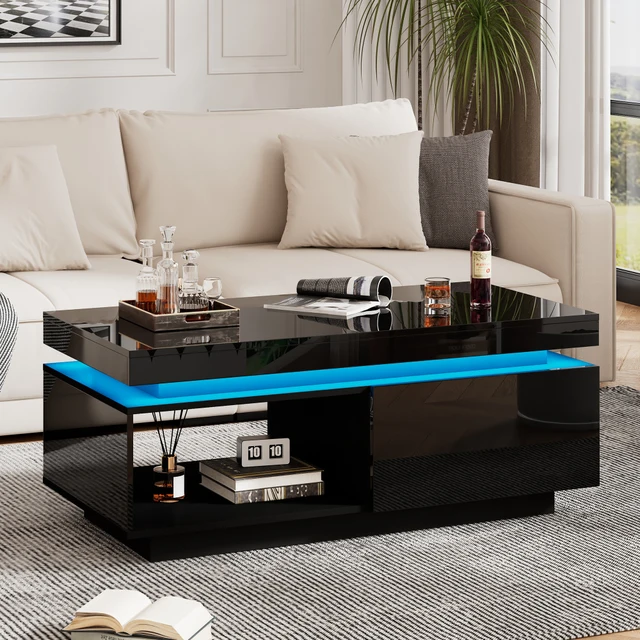 Table basse moderne à finition brillante avec éclairage LED, 100x50x40,3 cm – table élégante avec tiroir et capacité de charge de 50 kg 1