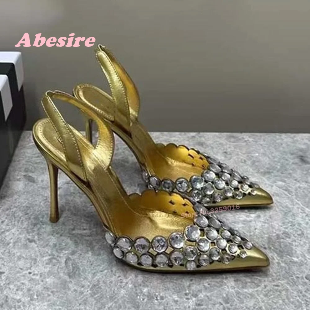 

Gold Pointy Toe Rhinestones Sandals Crystal Stiletto High Heels Slingback Pumps Roman Elegant Luxury Shoes 2024 Summer Female