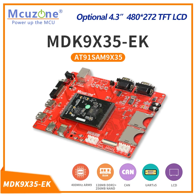

MDK9X35-EK, AT91SAM9X35, 400MHz CPU, 128MB DDR2, Ethernet, USB HighSpeed, CAN, LCDC 4.3 480*272 TFT LCD with TP