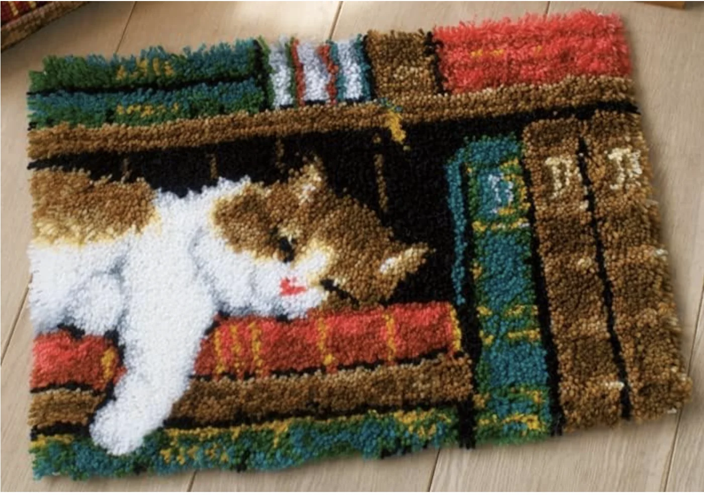 Cat on Bookshelf Latch Hook Rug Kits for Adults and Starter DIY Cross Stitch Latch Hook Rug Sofa Seat Cushion Crocheting Kits