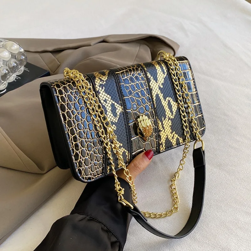 

Bags for Women Trend 2024 Eagle Head Snake Pattern Splicing Design Fashion Chain Clutch Bag Simple Commuting Crossbody Bag
