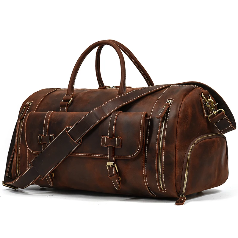 22′ Men’s Genuine Leather Travel Duffle Bag With Shoe Pocket