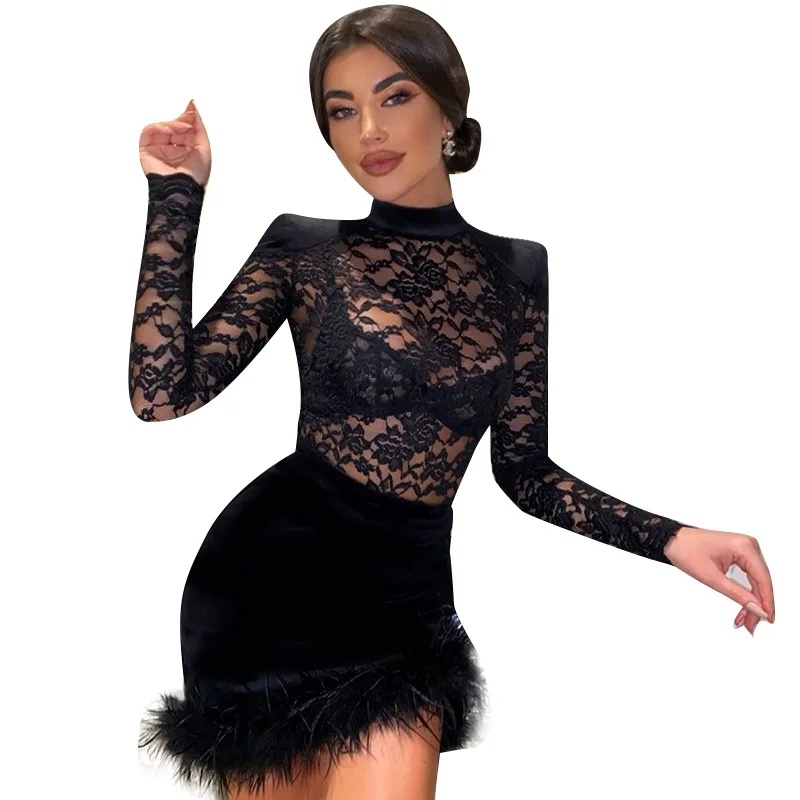 

Long Sleeve Lace Even Dresses Women Sexy Party Spring Robe Fashion Club Glitter Elegant Mini Vestidos Bodycon 2022 Cut Out Dress