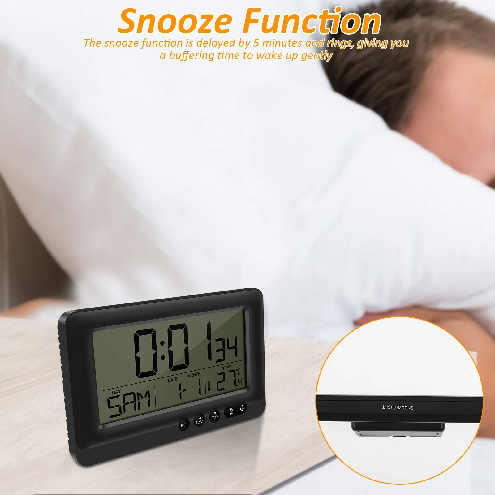 Battery-Powered LCD Digital Clock with Temperature and Date Display, Night Mode, and Alarm Function