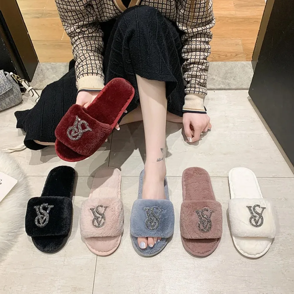 Female Home Cotton Slippers Women Autumn Winter Hairy Warm Footwear Fashion Letter Rhinestones Sandals Woman Casual Flat Shoes 5