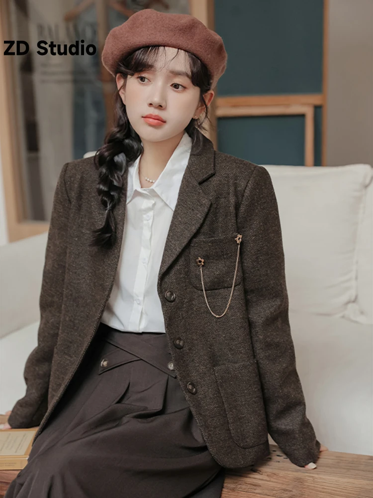

[ZD Studio] Autumn/Winter 2023 New Vintage Style Tweed Suit Jacket With Brooch Blouse