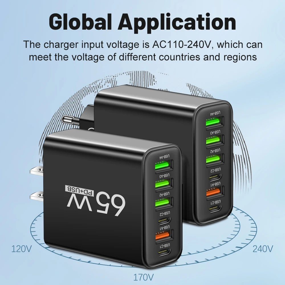 Total 65W USB C Charger 6 Ports Fast Charging Wall Charger for iPhone 15 14 Pro Max Samsung Xiaomi Mobile Phone Charge