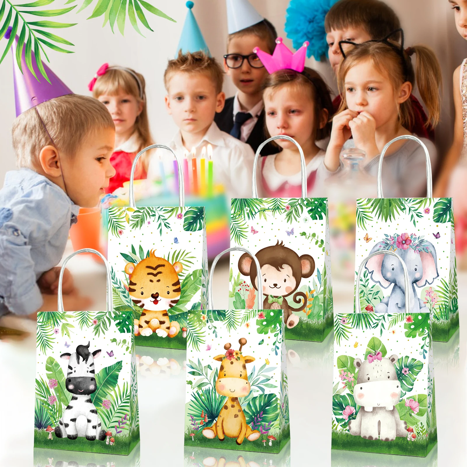 

BD108 12Pcs Baby Shower Birthday Party Candy Shopping Bag Cartoon Animals Birthday Party Paper Tote Bags