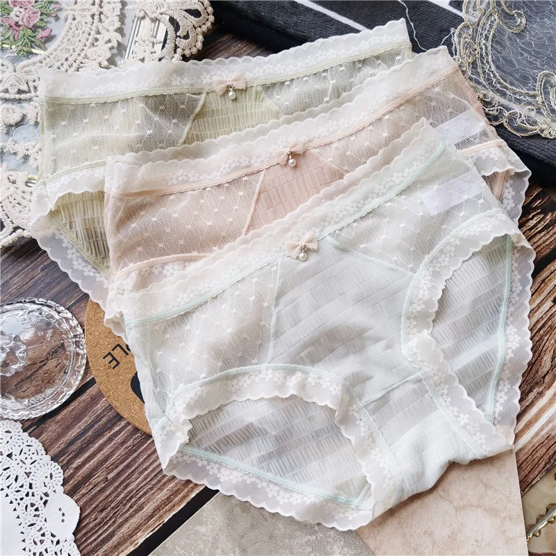 Korean Cute Ice Silk Mesh Sexy Women's Underwear Mid Waist
