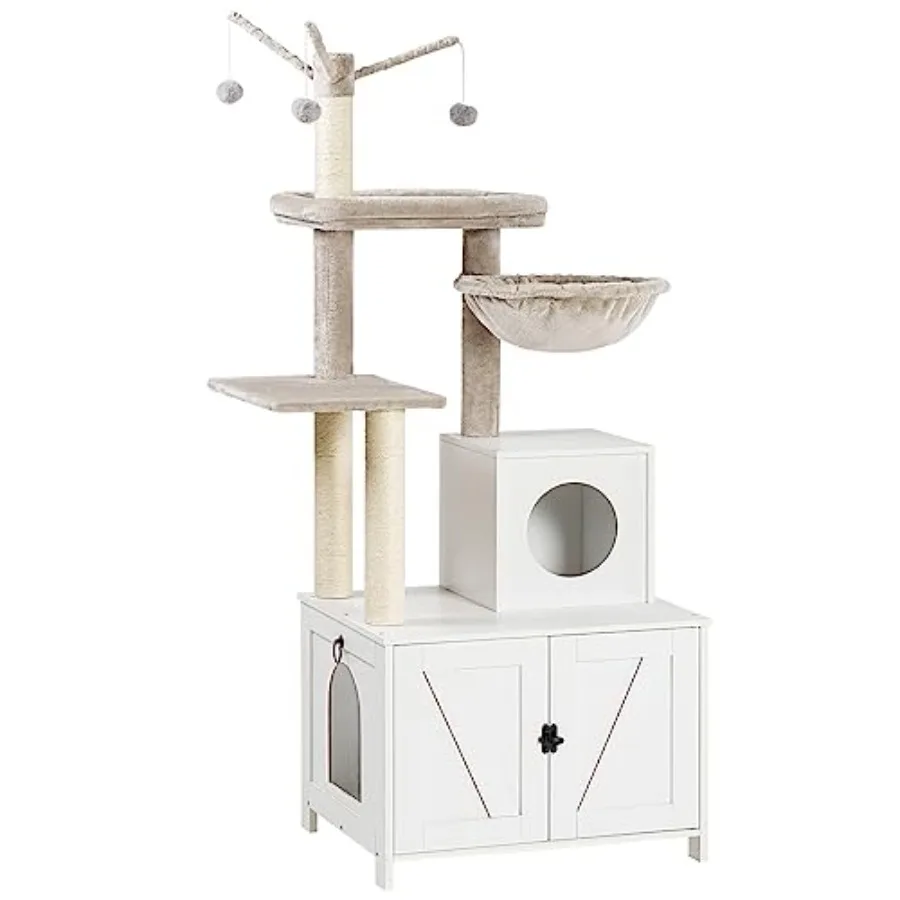 Indoor Wooden Cat Tree Tower with Litter Box Enclosure and Scratching Posts All-in-One Cat House in White Hidden Litter Box Fur