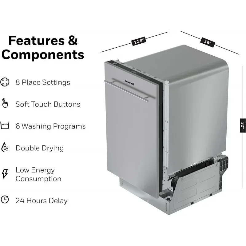 QWHoneywell 18 Inch Dishwasher with 8 Place settings,6 Washing Programs,Stainless Steel Tub,UL/Energy Star- Stainless Steel 5