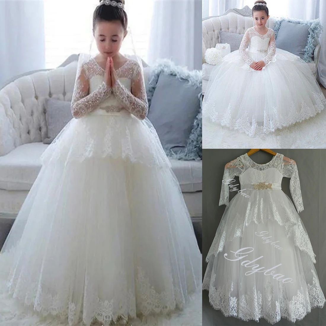 

Платья для девочек с длинным рукавом и цветами для свадеб, бальное платье для малышей с бусинами и поясом, платье для конкурса, Многоярусное кружевное платье для первого причастия, женское платье