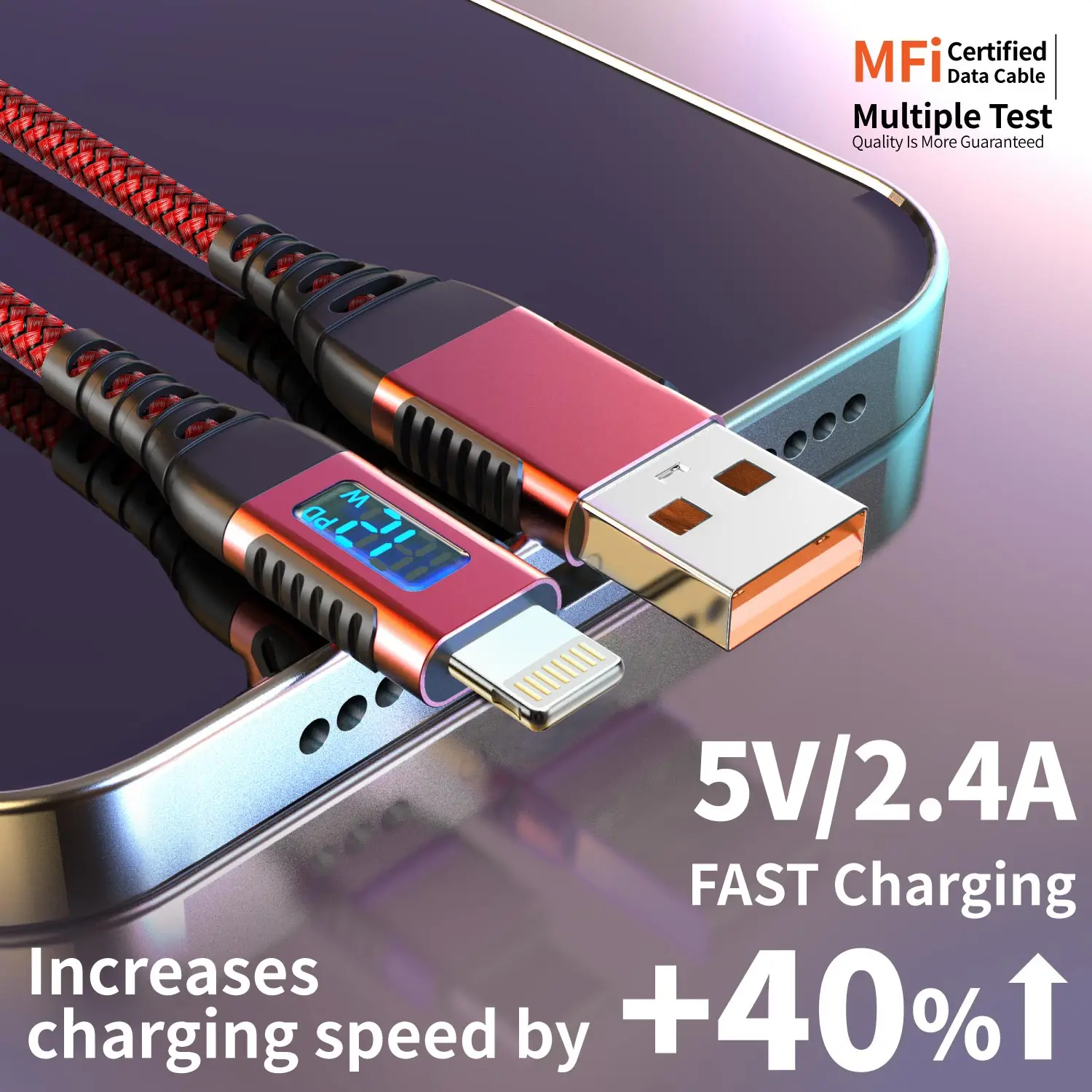 MFi 인증 USB-A to Lightning 고속 충전 케이블(LED 디스플레이 포함), 아이폰 8-14 및 아이패드용 12W 고속 충전