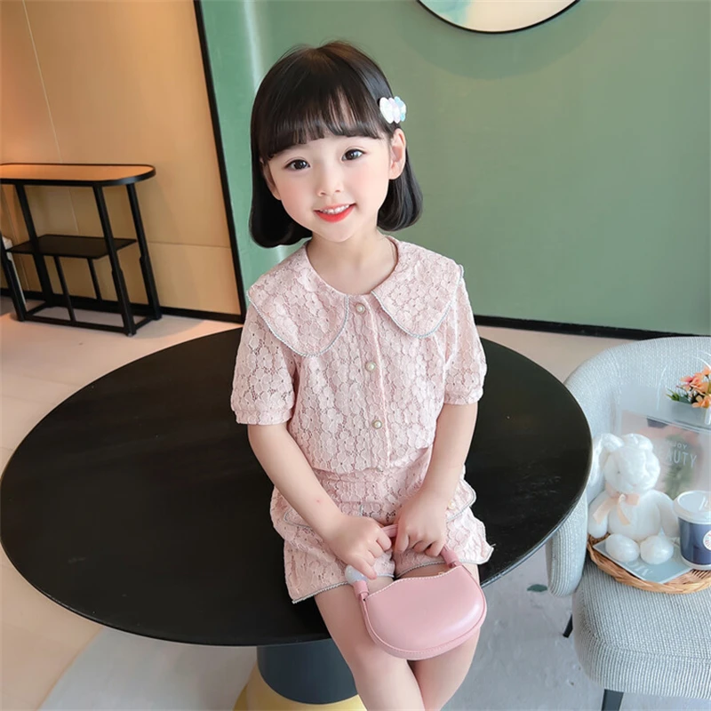 

2023 Summer Baby Girls Clothing Sets Children Floral Lace Tops Shorts 2 Pieces Suit Sweet Style Kids Princess Clothes 2-6 Years