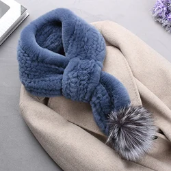 winter fur scarf real knit rex rabbit fur scarf with silver fox fur bigger balls fur pompoms fox fur shawls neckwarmer