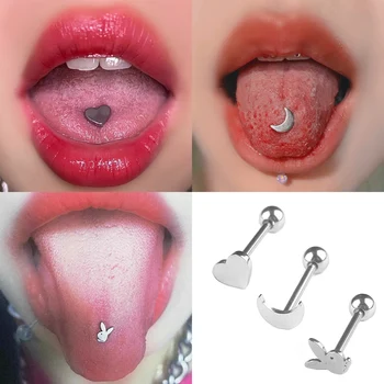 티타늄 스틸 피어싱 혀 링 하트 문 버니 혀 스터드, 바벨 나선형 비즈 립 스터드 귀걸이, 섹시한 바디 주얼리, 1PC