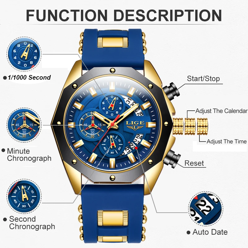 LIGE Fashion Gold Watch Men Casual Business Sports Men's Quartz Wristwatches Silicone Waterproof Date Chronograph Montre Homme