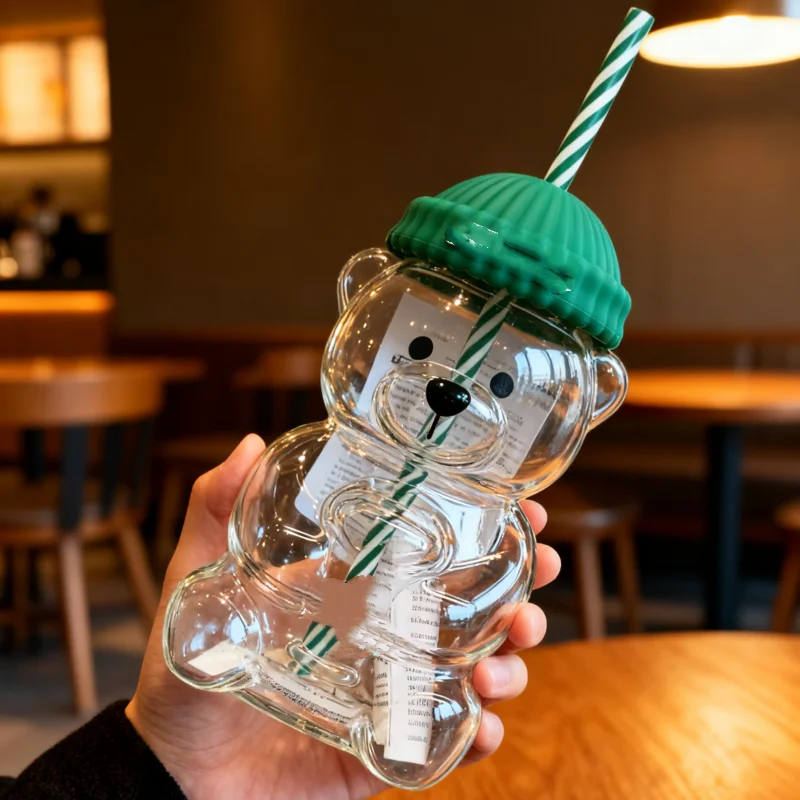 Barista Bear Cold、Heat Drink Cup，Clear Bear Straw Cup with StrawTransparent Little Bear Sippy Cup with Straw，The latest cute cup