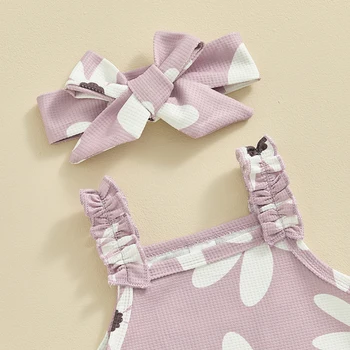 Baby Girl Summer Clothes Waffle Knit Floral Sleeveless Strap Romper Shorts Headband Infant Clothing Set 5