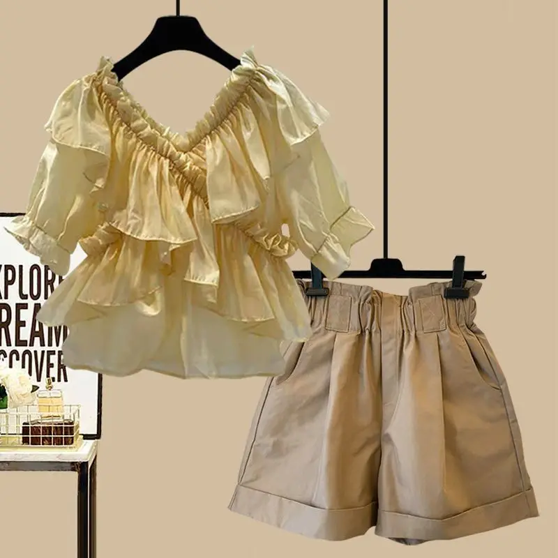 

Design Sense Niche Lotus Leaf Collar Chiffon Shirt Set 2023 Summer New Off Shoulder Style Top Versatile Shorts Two-piece Suit
