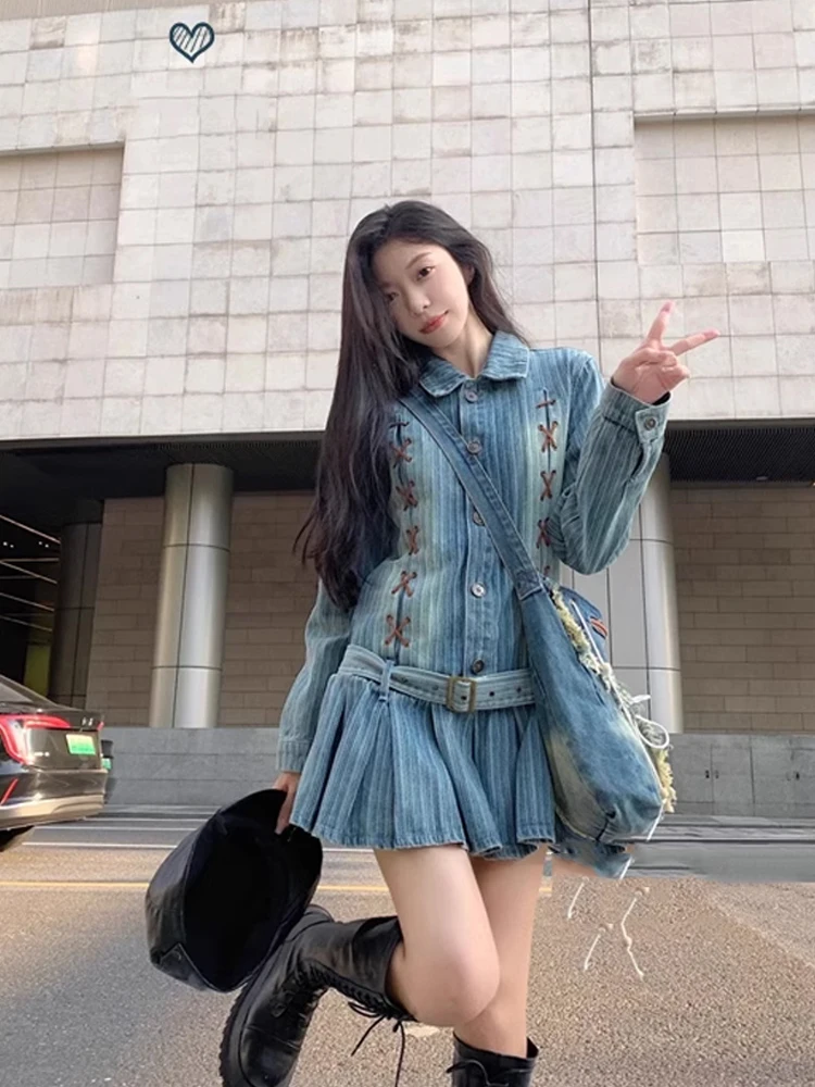 

Женское джинсовое мини-платье, винтажное плиссированное платье в стиле High Street с поясом и оборками, шикарные платья в Корейском стиле с длинным рукавом