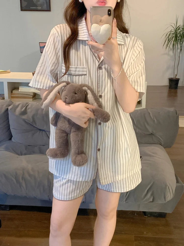 Lovers Simple Vintage Stripe Summer Short Sleeve Half Pants Pajama Set couple Holiday style Real images Loose Casual Vacation
