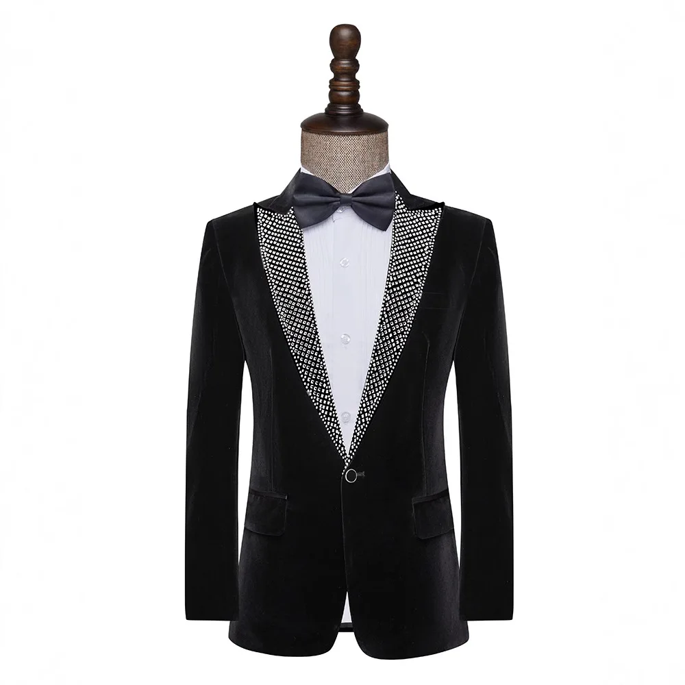 Blazer da ballo in velluto nero di lusso per uomo Slim Fit 1 pezzo giacca da smoking perline giacca con risvolto a punta blazer da uomo per feste di scena 5