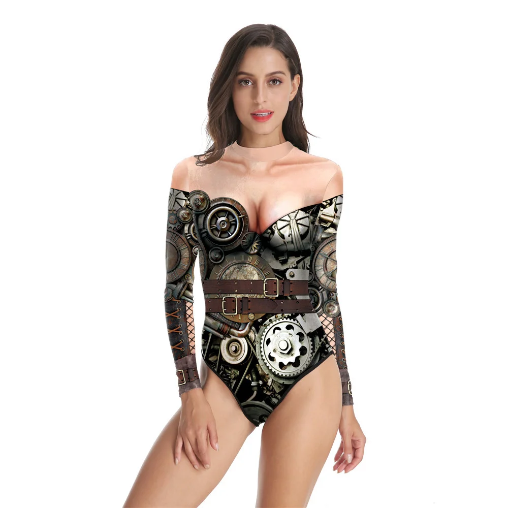 

IOOTIANY Mechanical Gear Pattern Printed Women Swimsuit Summer Casual Long Sleeve Beachwear Bathing Suit Sexy Tight Swimwear