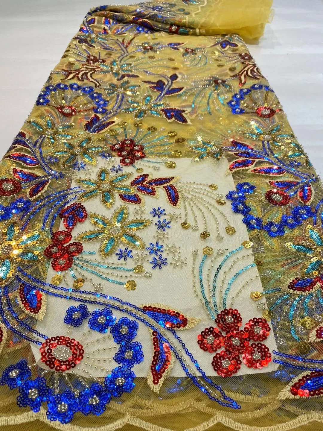 

2023 High Quality Luxury Tulle Flowers Beads Embroidered Lace Fabric Crafts Materials 5Yards Sew For African Party Wedding Dress
