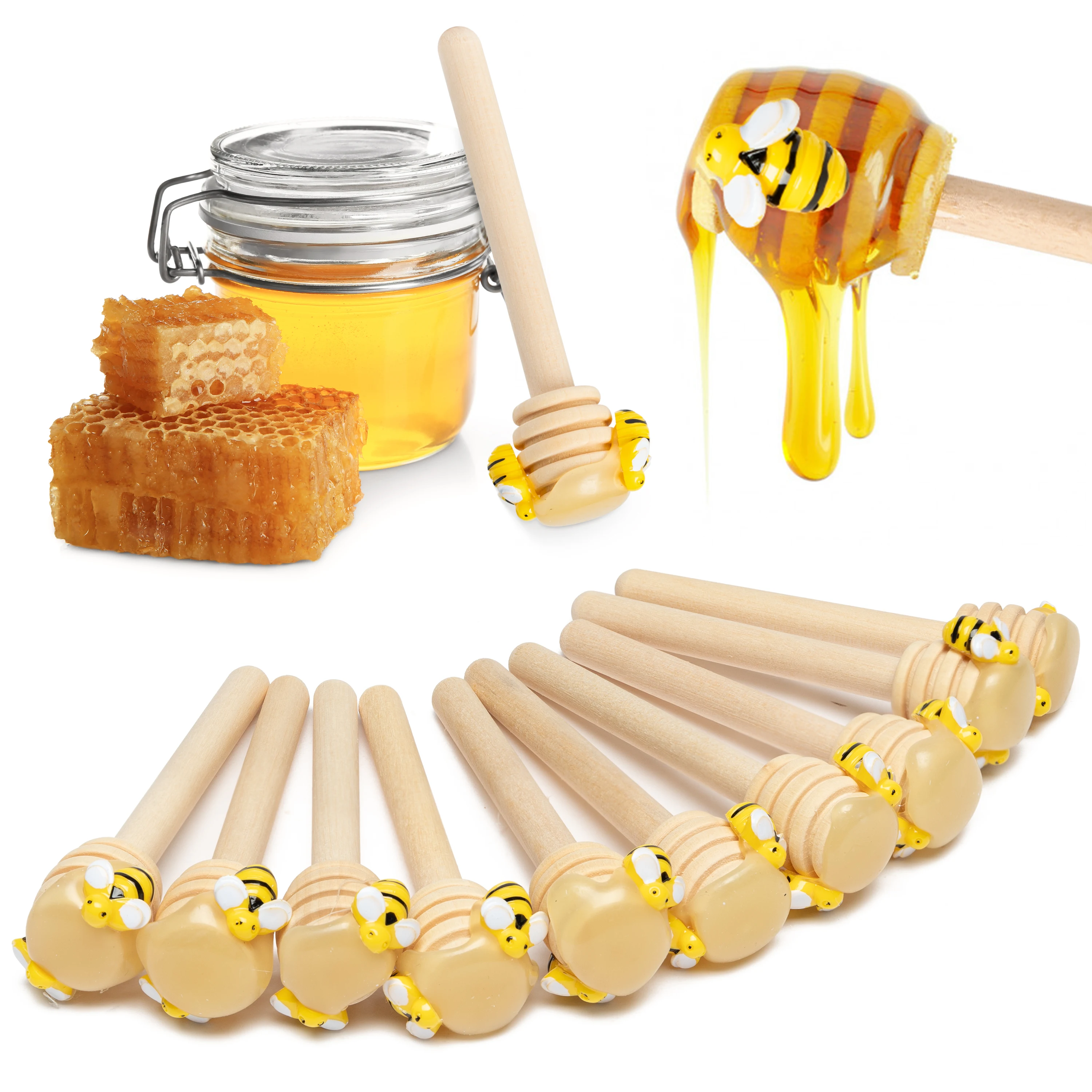 10Pcs 9cm Honey Dipper Set Cute Wooden Honey Stirring Rod Honey Mini Bee Pot Spoon Honey Collection Distribution Dipping Stick