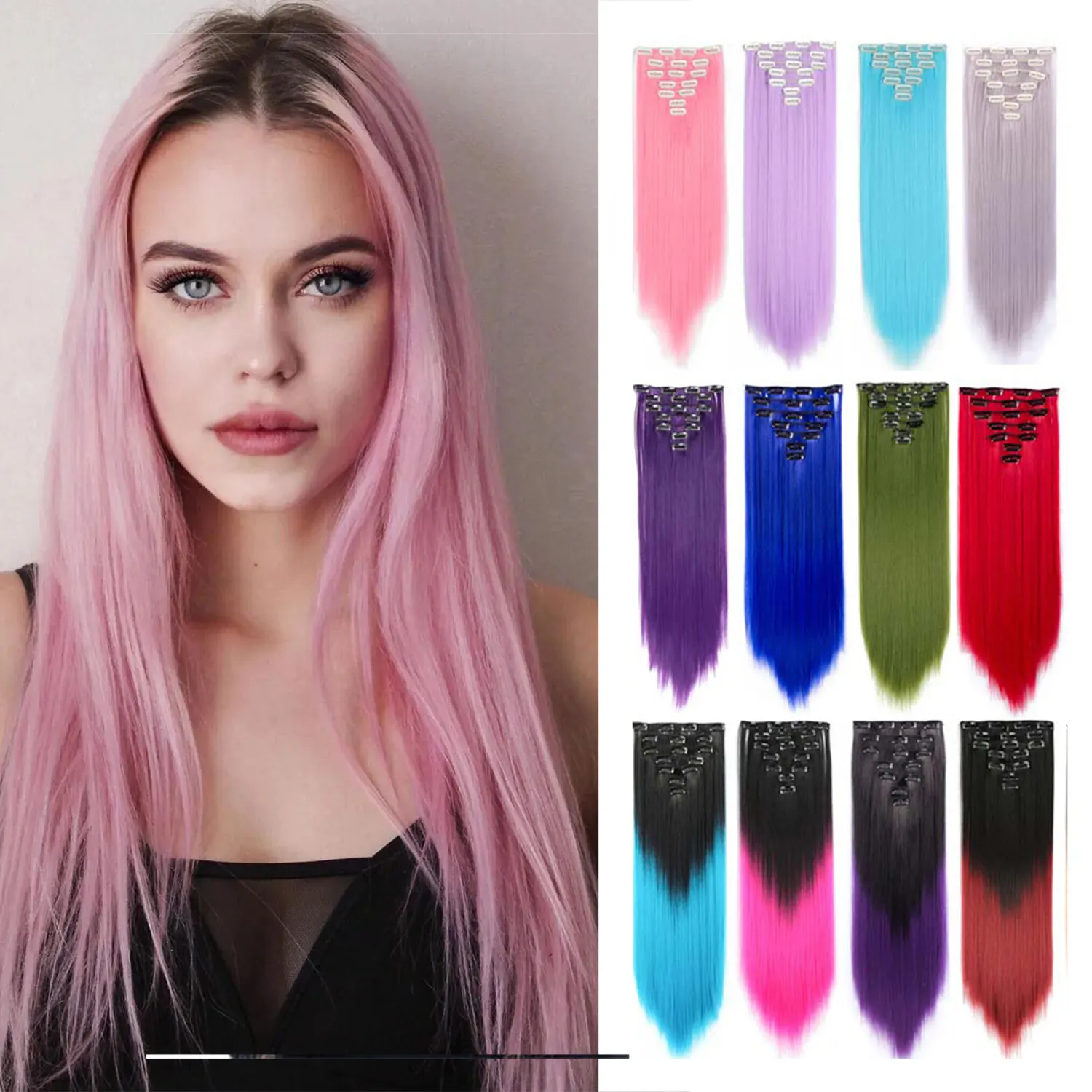 LINWAN 16 Clips in Hair Extensions Synthetic Long Straight Hair Clips for Women Hairpieces Heat Resistant False Hair Black Brown topreety heat resistant synthetic fiber ombre colors wavy 5 clips on clip in hair extensions