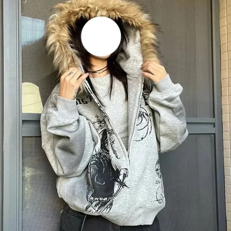 innomoood anime y2k 韓国 fur collar hoodie Pull Animé Y2K - Fusion