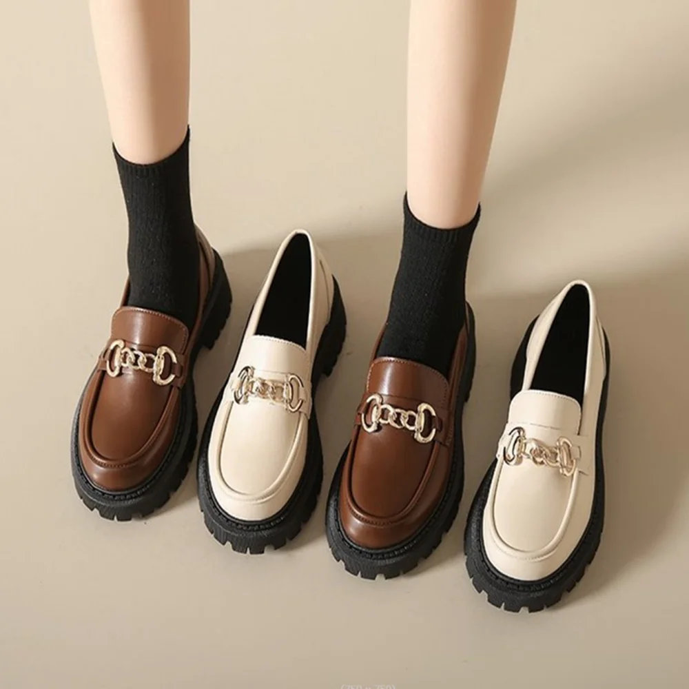 2024 Women Spring New Black Platform Flats Shoes Women Loafers Slip on Boat Shoes Metal Designer Casual Leather Oxfords 6