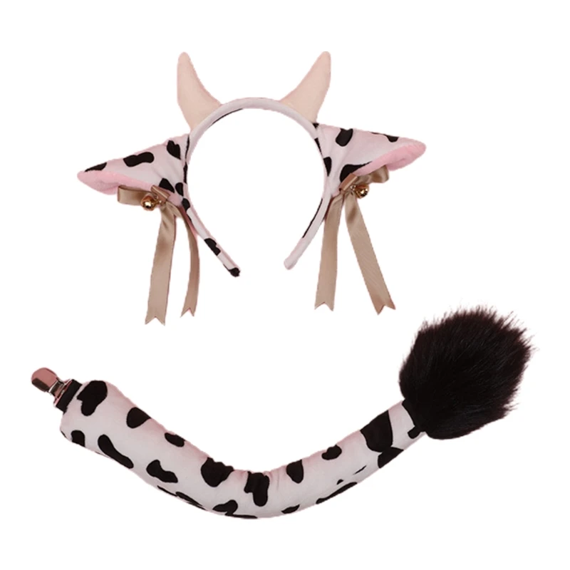 

Cosplay Furry Headdress Tail Set Animal Cow Ears Headband Long Fur Hair