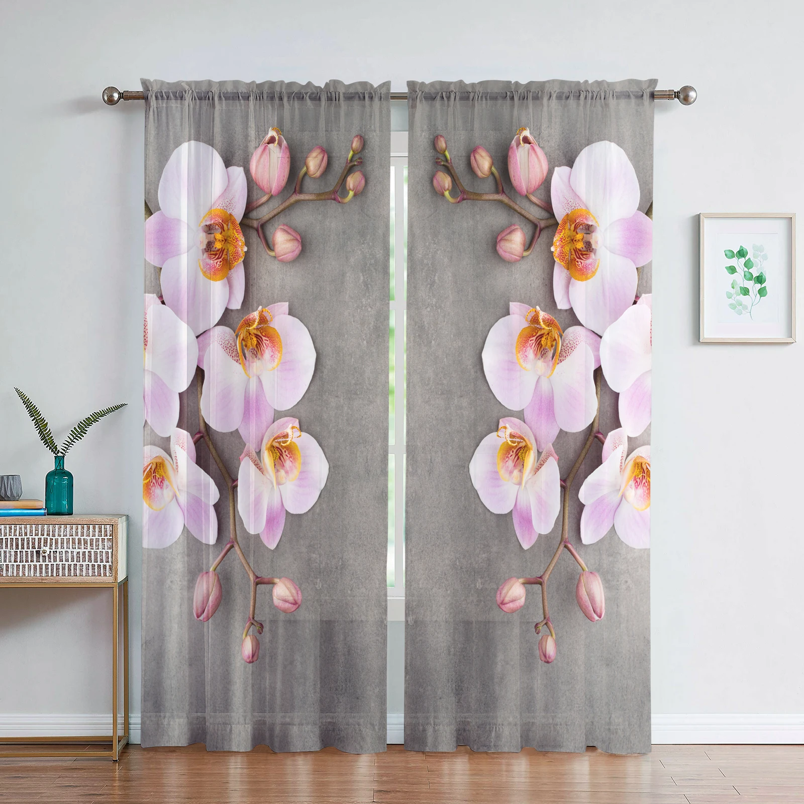 

Phalaenopsis Floral Sheer Voile Curtain For Living Dining Room Bedroom Kitchen Window Transparent Chiffon Flowers Tulle Curtains