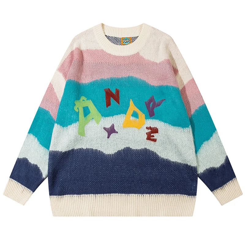 

Contrast Letter Printing Men's Loose Sweater Round Neck Comfortable Casual Knitwear Couple Street Hip Hop Harajuku Long Sleeve