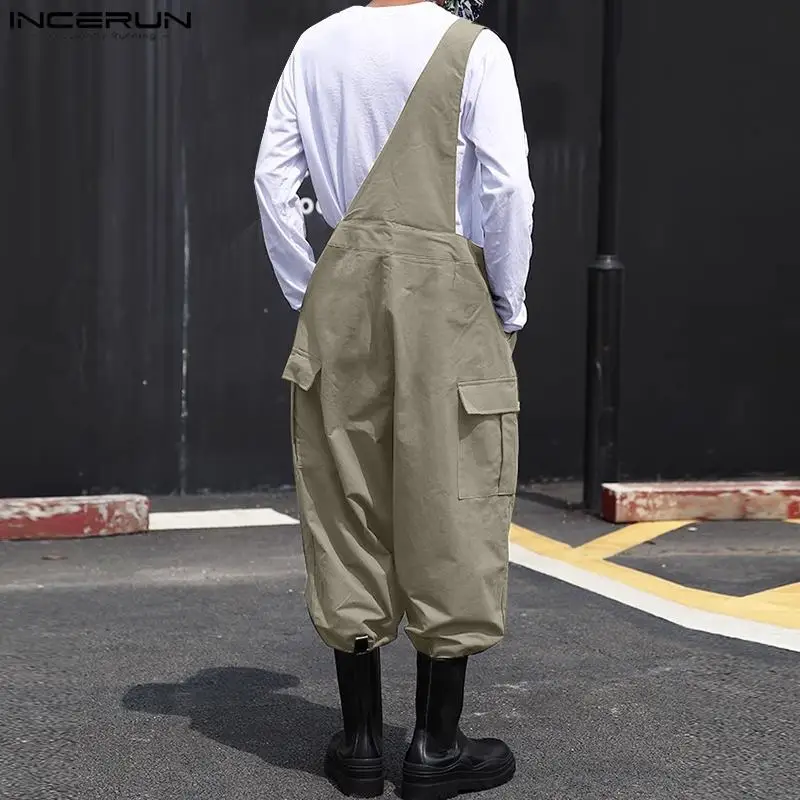 Men Jumpsuits Solid Color Loose Sleeveless Casual One Shoulder Fashion Rompers Streetwear Male Cargo Overalls Pants INCERUN Denim Overalls