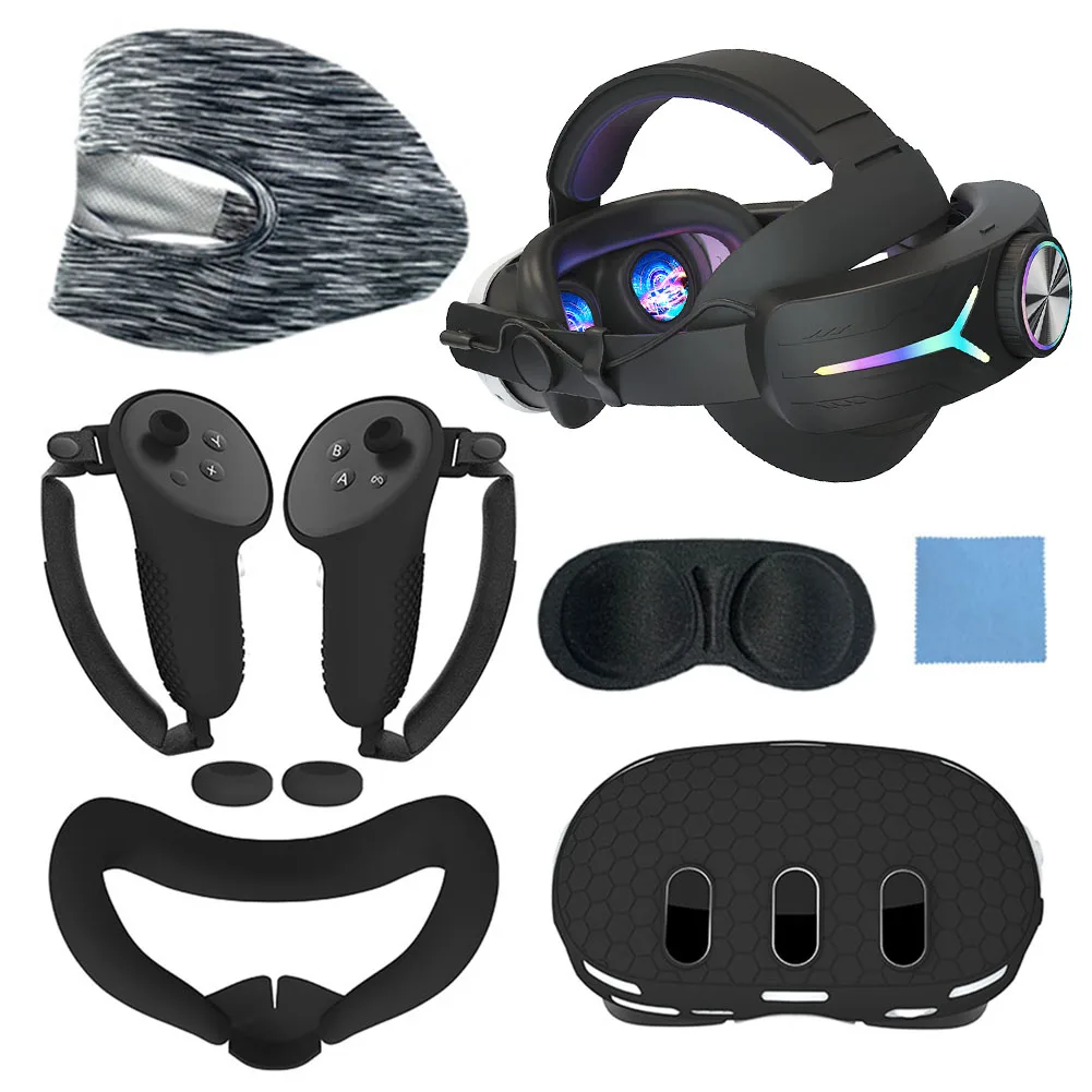 

7pcs Protective Cover Set RGB Head Strap VR Shell Cover Face Cover Controller Grips Cover Lens Protector for Oculus/Meta Quest 3