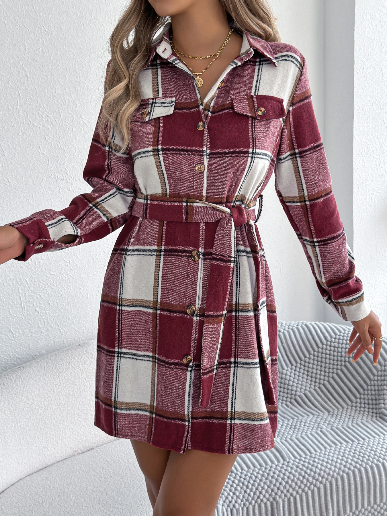 Women Autumn Winter Plaid Jacket Dress Casual