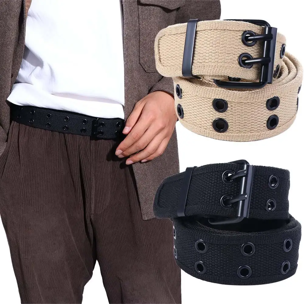 

Double Breasted Hollow Belt Accessories Metal Buckle Double Grommet Hole Korean Waist Strap Canvas Waist Belt Man Waistband