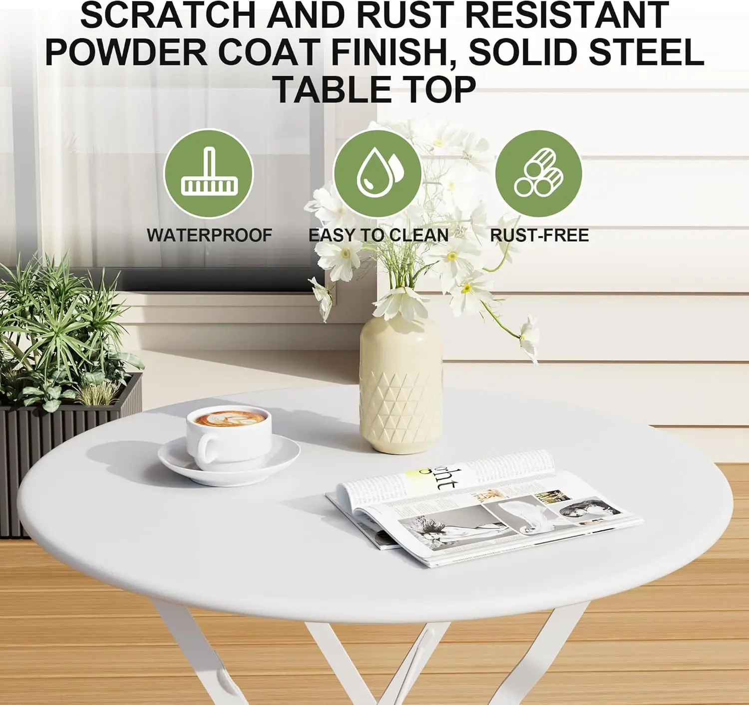 Bistro Table & Chairs Set of 2. 3-Piece Folding Patio Set. Premium Frame. Foldable Table. For Balcony, Yard, Garden. White.