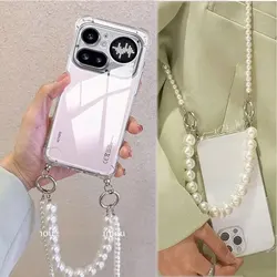 Elegant Pearl Chain Lanyard Shockproof Silicone Case with Crossbody Necklace for Nothing Phone (4a) Pro (Clear)