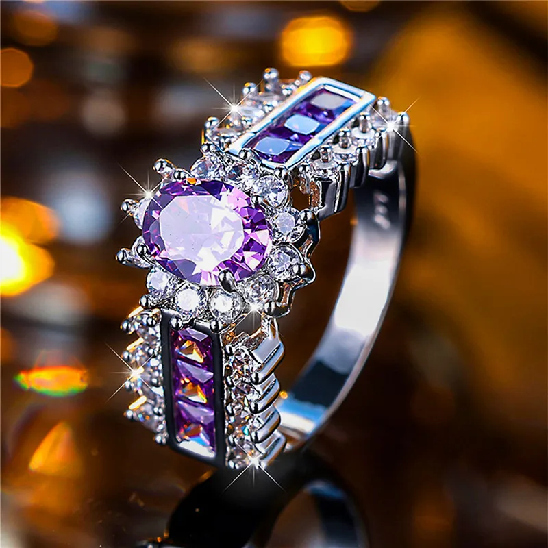 Luxury Female Big Purple Zircon Stone Engagement Ring Trendy Silver Color Bride Wedding Jewelry Gift For Women