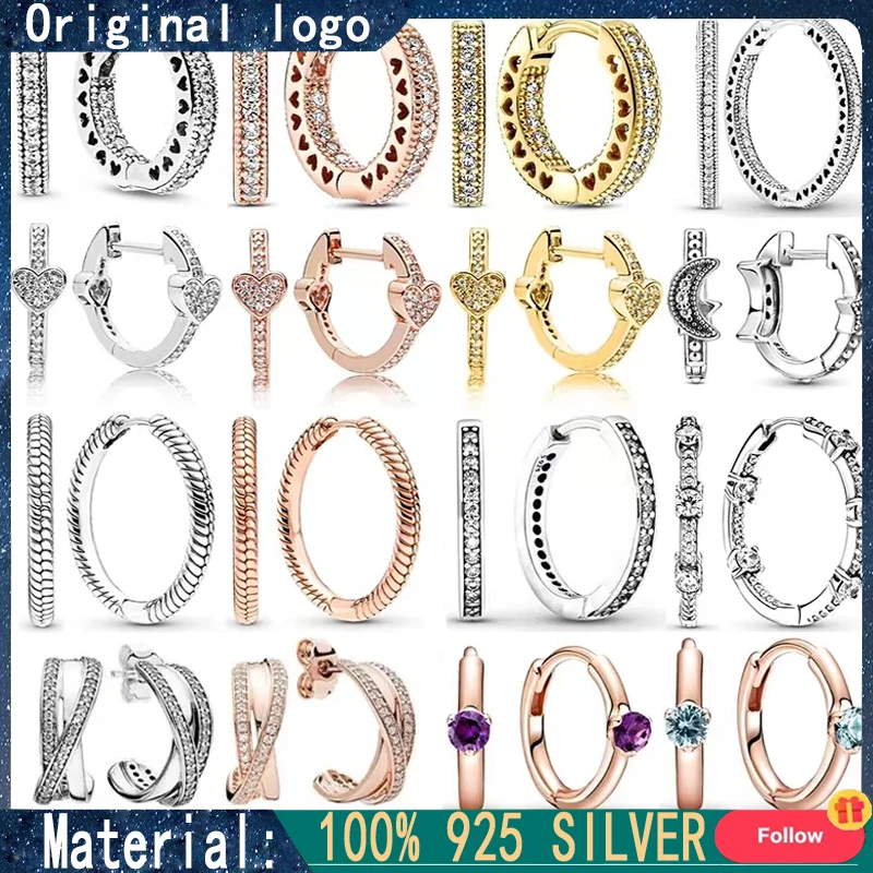 

New 925 Silver Women's Sparkling Hollow Heart Blue Diamond Original Logo Sun Moon Earrings DIY Charming Jewelry