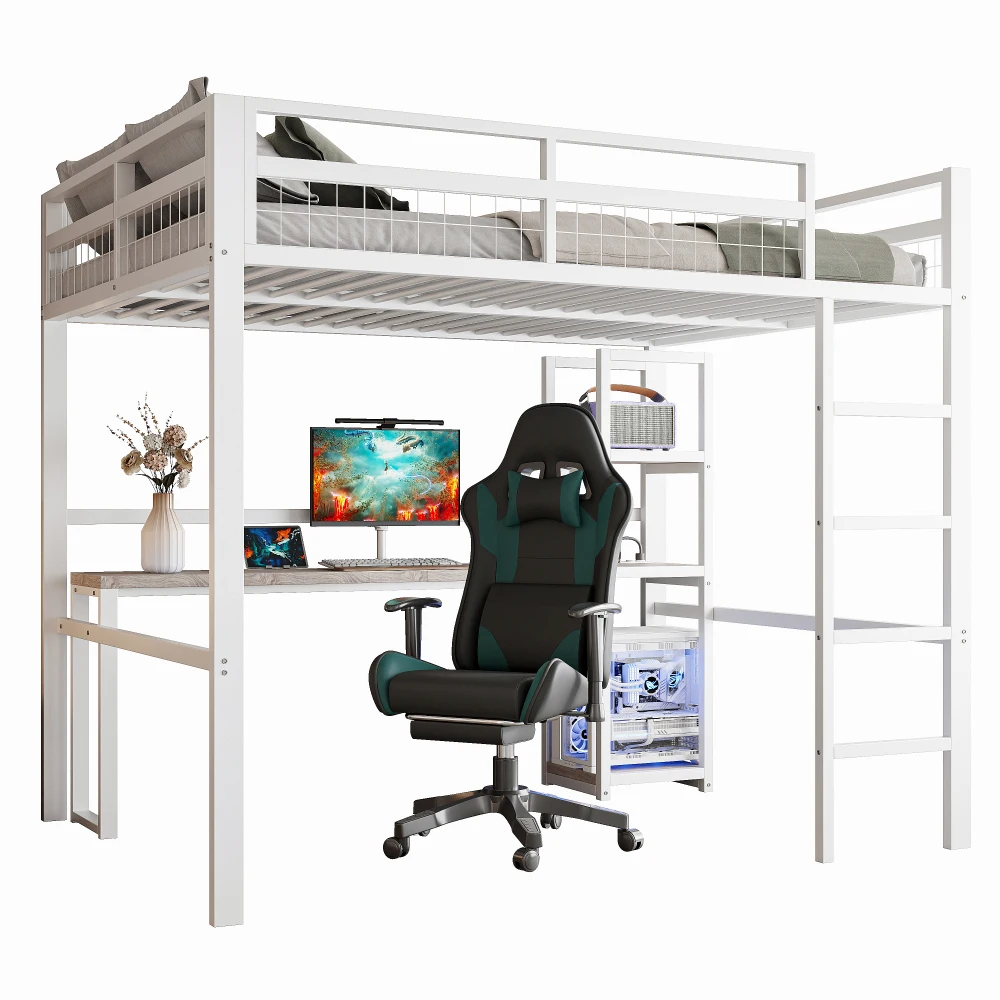 Multifunktionales Hochbett 140 x 200 cm – stabiler Eisenrahmen mit integriertem Schreibtisch (Steckdose + USB-C), vielseitige Einsätze, ohne Matratze – Detail 24