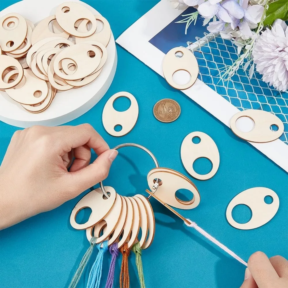 100pcs Oval Wood Thread Drops 1.9x1.3inch Wood Cross Stitch Thread Organization Floss Ring Craft DIY Sewing Storage 2mm wood thread drops