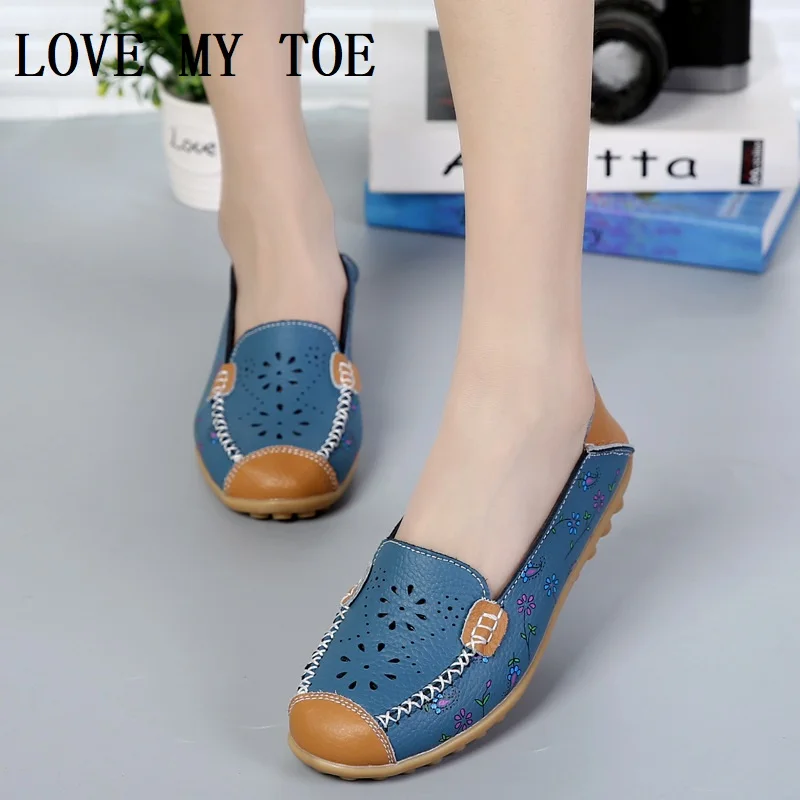 

New 2024 Print Floral Hollow Genuine leather Casual Breathable Shoes For Women Flat Shallow Mouth Chaussure Femme Zapatos Mujer