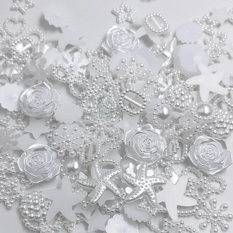 100pcs white ABS Resin Half Round flower Bow Alien Pearls For Art Flatback Non Hotfix Rhinestones Pearl Shoes Beads DIY Phone