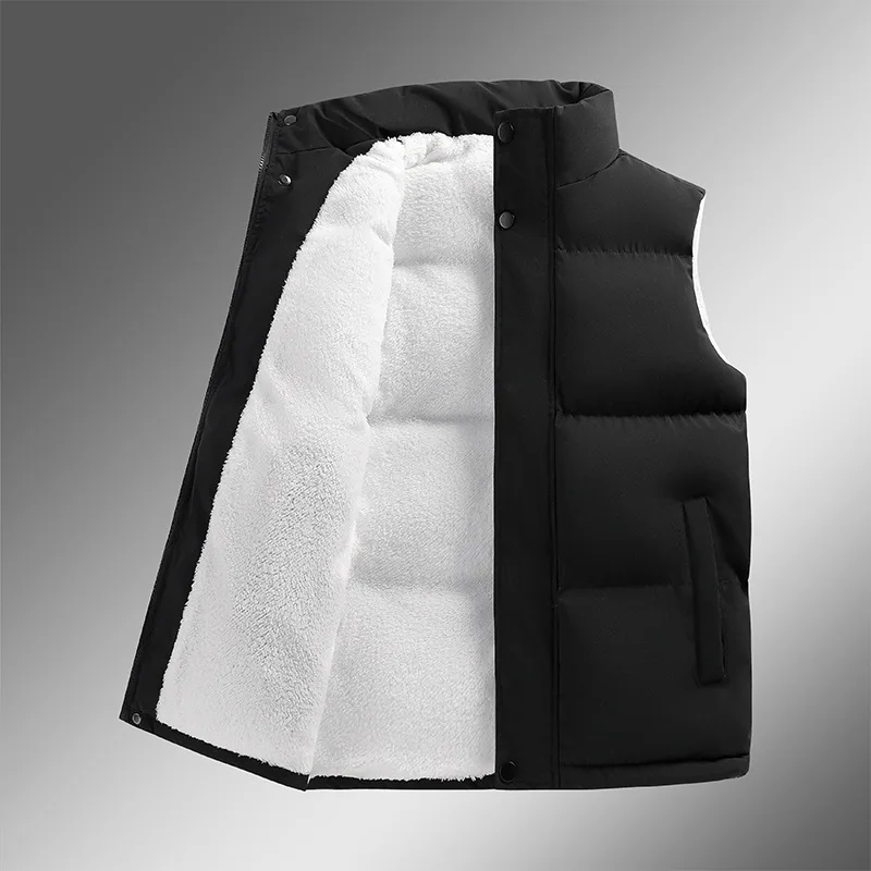 2025 Winter Man Down Vest Thicken Fleece Cold-proof Men Waistcoat Simple Solid Stand Collar Zipper Versatile Daily Male Coat